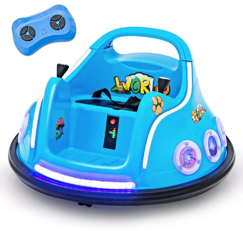 Carrinho de choques para crianças 12V com rotação de 360°, Luzes, controlo remoto, Música  73 x 73 x 43cm Azul