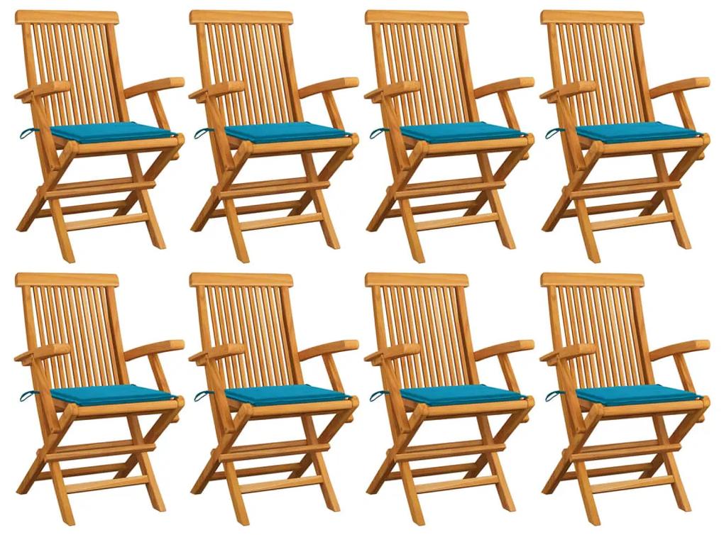 3072893 vidaXL Cadeiras de jardim c/ almofadões azuis 8 pcs teca maciça