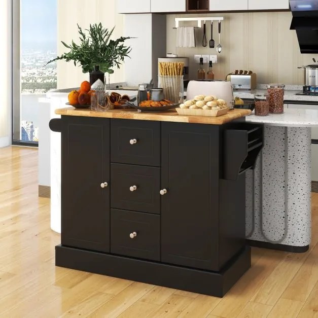 Carrinho de cozinha 127 cm x 46 cm x 91,5 cm com rodas e bancada em madeira de borracha, 3 gavetas e 2 armarios com prateleiras ajustáveis Preto