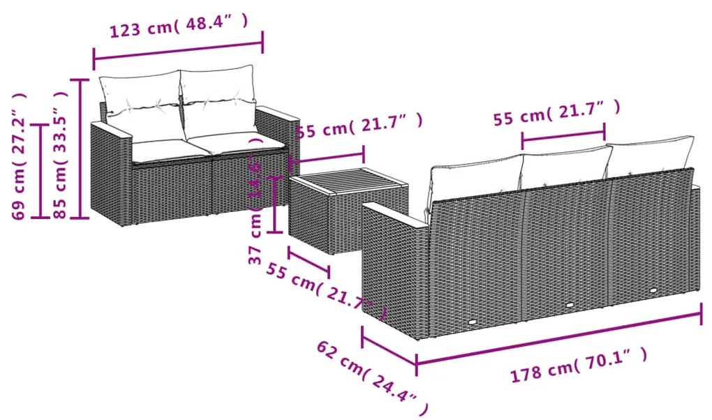 6 pcs conjunto sofás de jardim c/ almofadões vime PE preto