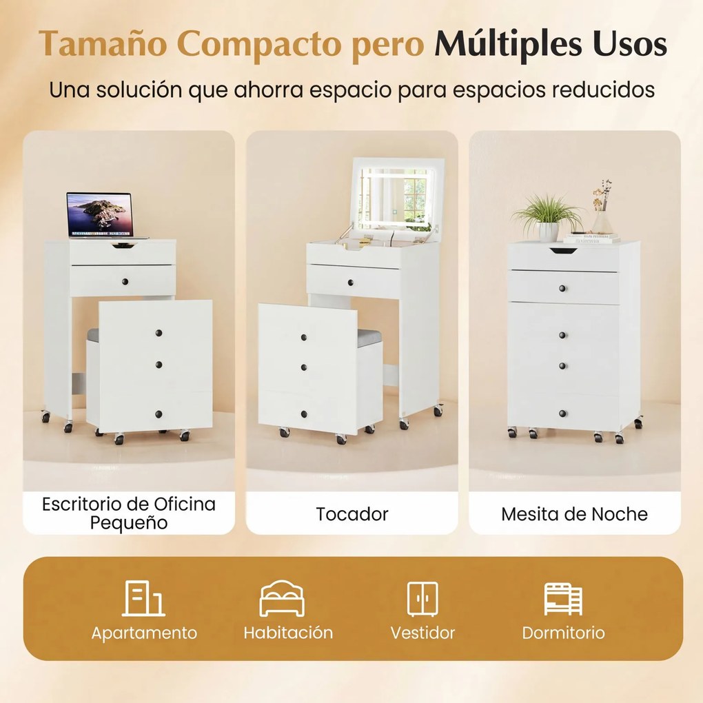 Toucador 3 em 1, 50,5 x 40,5 x 85 cm: Espelho com luzes, dobrável, mesa de maquilhagem, gavetas, banco, arrumação, rodas, ideal para espaços pequenos