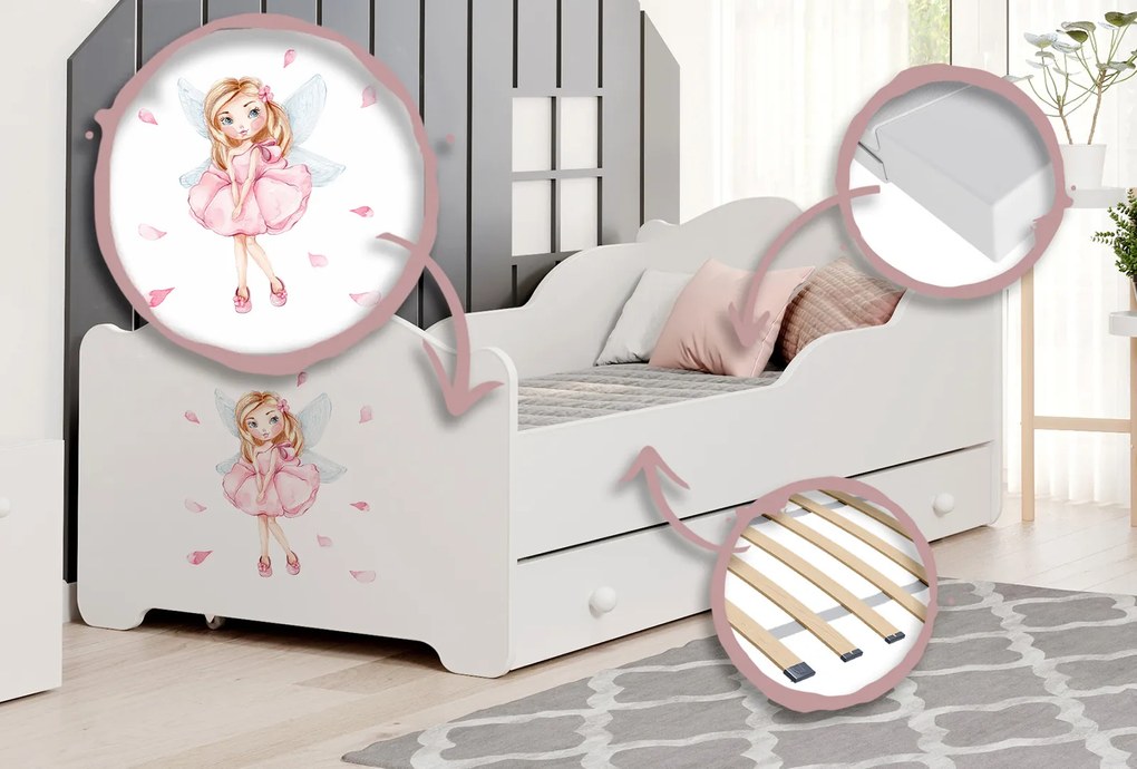 Cama infantil ANNA branca com gaveta 160x80 - fada - colchão e estrado incluído
