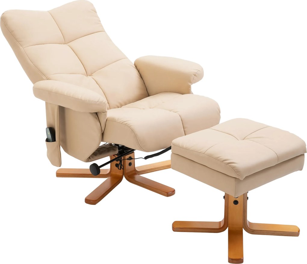 Poltrona de relaxamento com massagem e pufe, poltrona giratória a 360°, encosto reclinável, 80 x 86 x 99 cm, creme