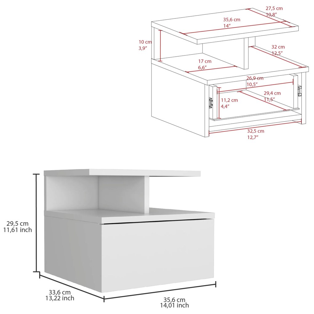 Mesa de cabeceira baixa Adele com 2 prateleiras flutuantes e 1 gaveta, 29,5 x  35,6 x 33,6 cm branco