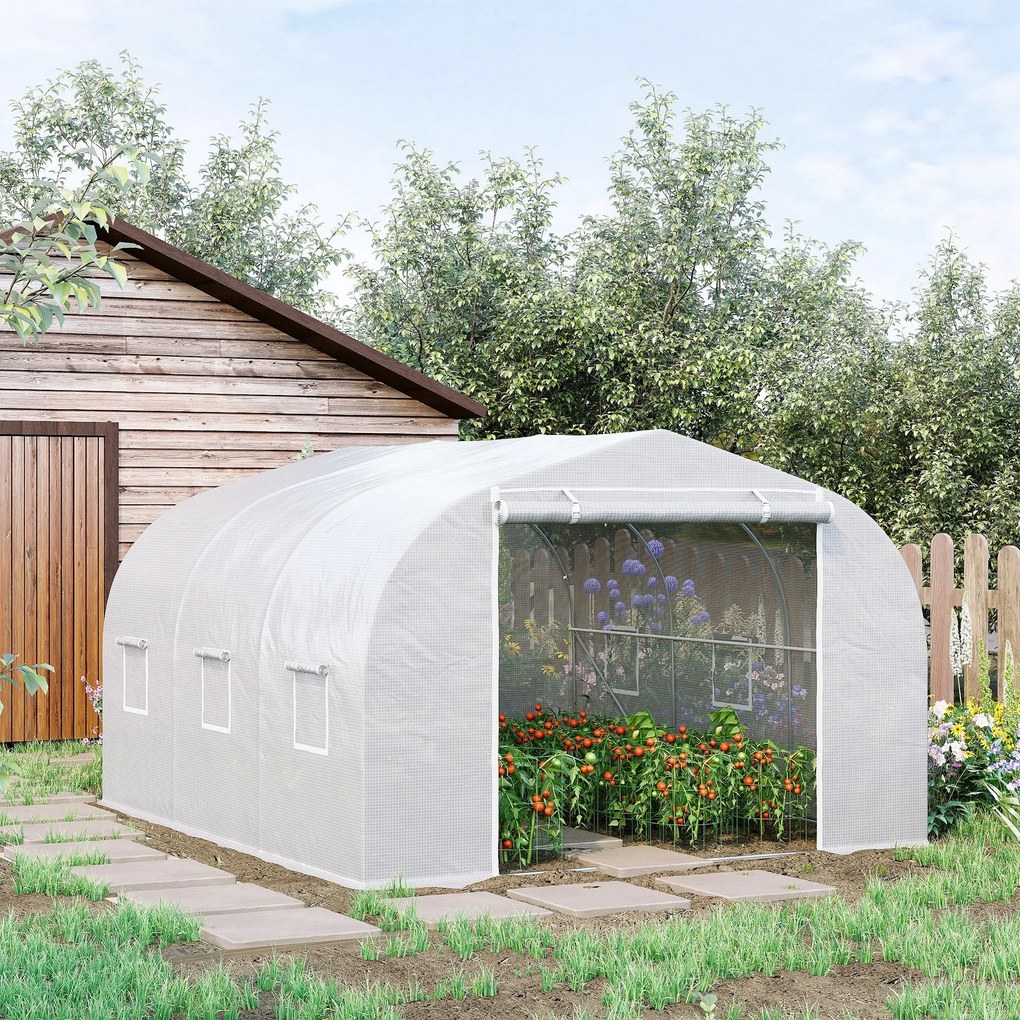 Estufa de jardim tipo túnel, dimensões: 3,5 m (L) x 3 m (C) x 2 m (A). Porta + 6 janelas enroláveis. Aço galvanizado e lona de PE de alta densidade, b