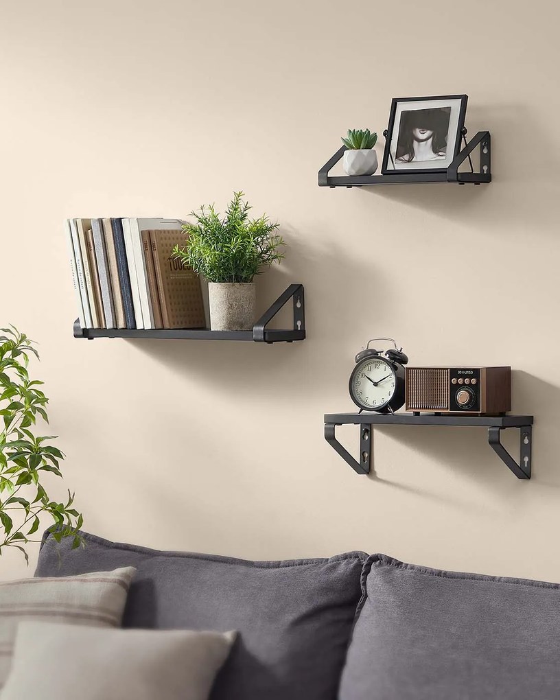 Conjunto de 3 prateleiras de parede com 2 opções de montagem Preto-Preto mate