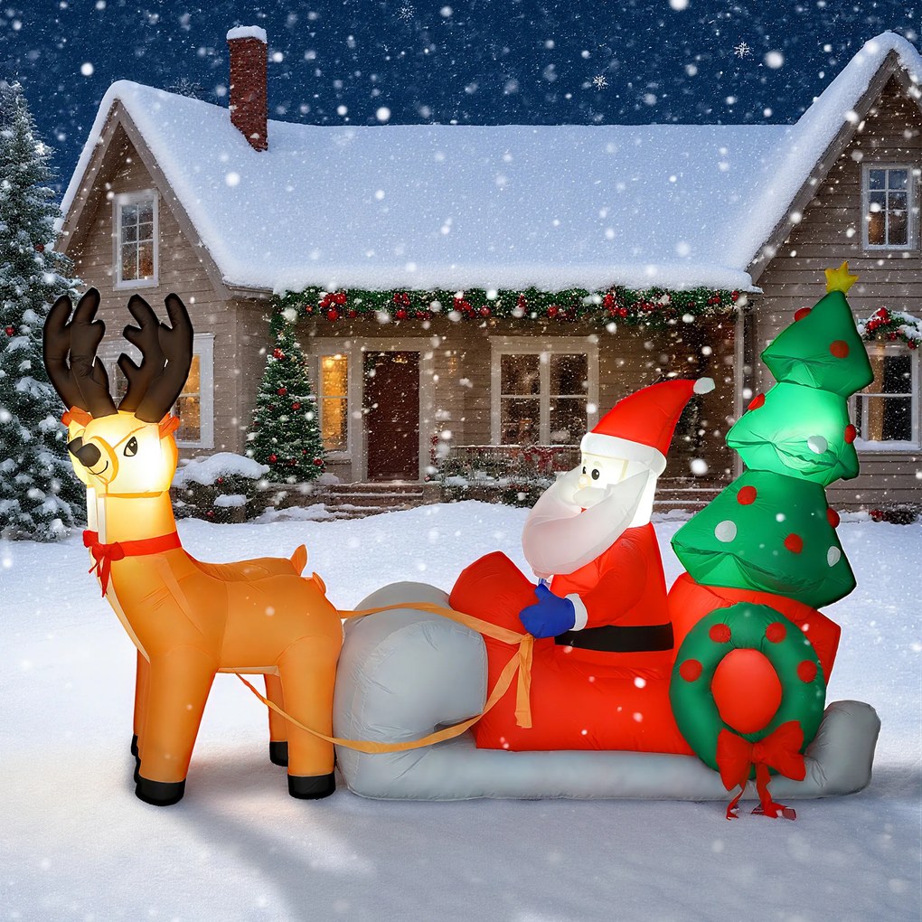 Pai Natal Insuflável com Trenó Renas e Árvore de Natal com Luzes LED Decoração de Natal 216x90x150 cm Multicolor