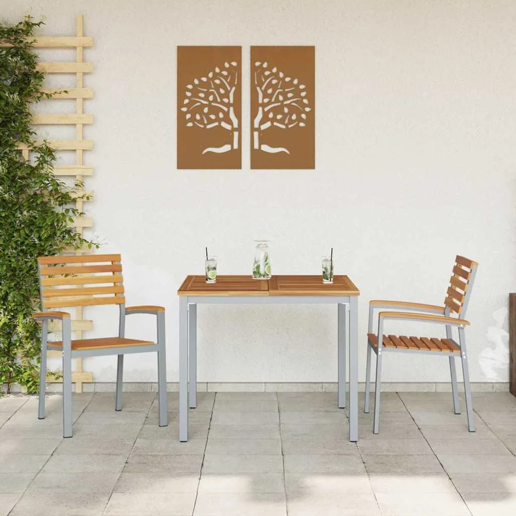 Conjunto de Jantar de Jardim 3 Peças em Madeira Sólida de Acácia e Met
