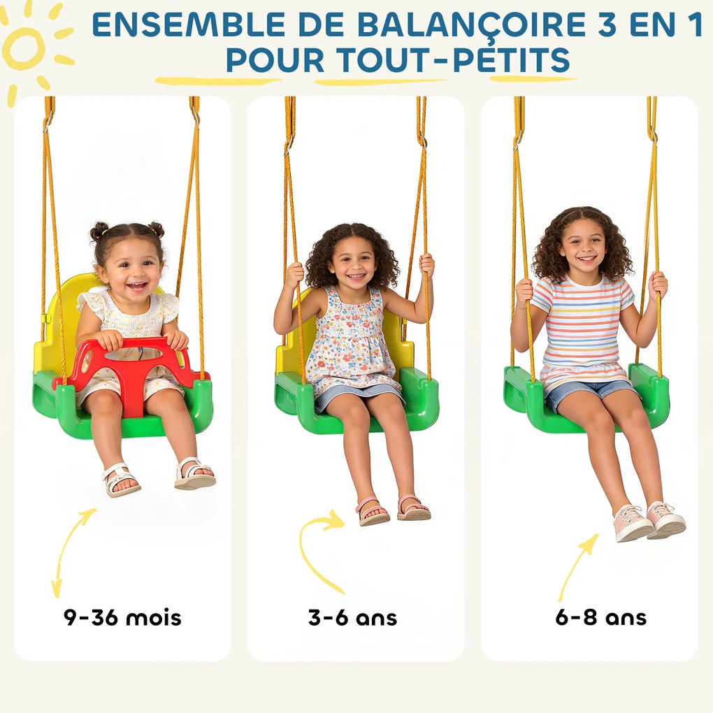 Estrutura de Baloiço Infantil 3-em-1, 128 x 155 x 157 cm, Assento Ajustável, Multicolor