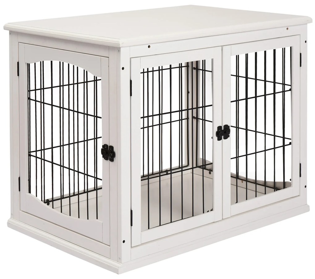 PawHut Gaiola Cães Madeira Superfície Mesa 2 Portas Grades Metal Resistente Confortável 81x58,5x66cm Branco | Aosom Portugal