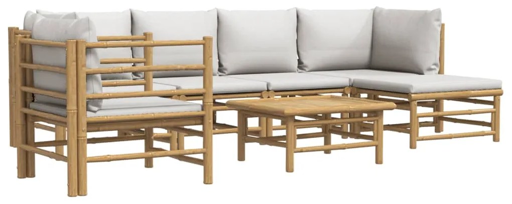 7 pcs conj. lounge de jardim bambu c/ almofadões cinzento-claro