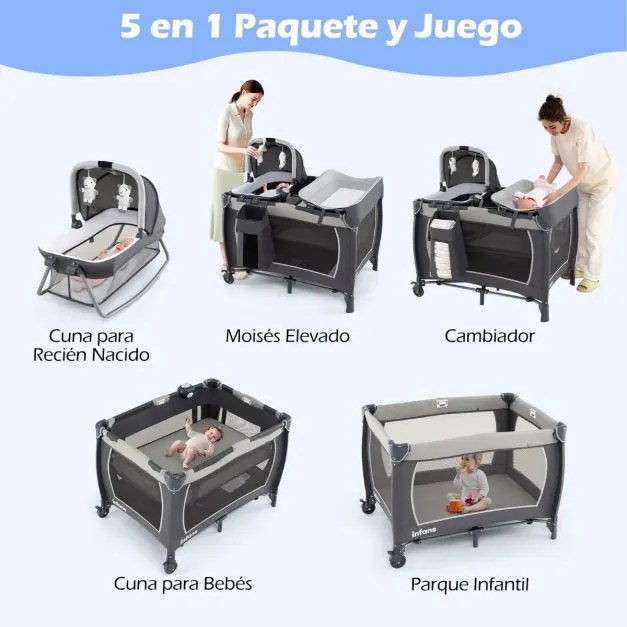 Berço com Centro de atividades 5 em 1 para bebés, parque e mesa para trocar fraldas. Inclui brinquedos suspensos, caixa de música, rodas e cesto. Pret
