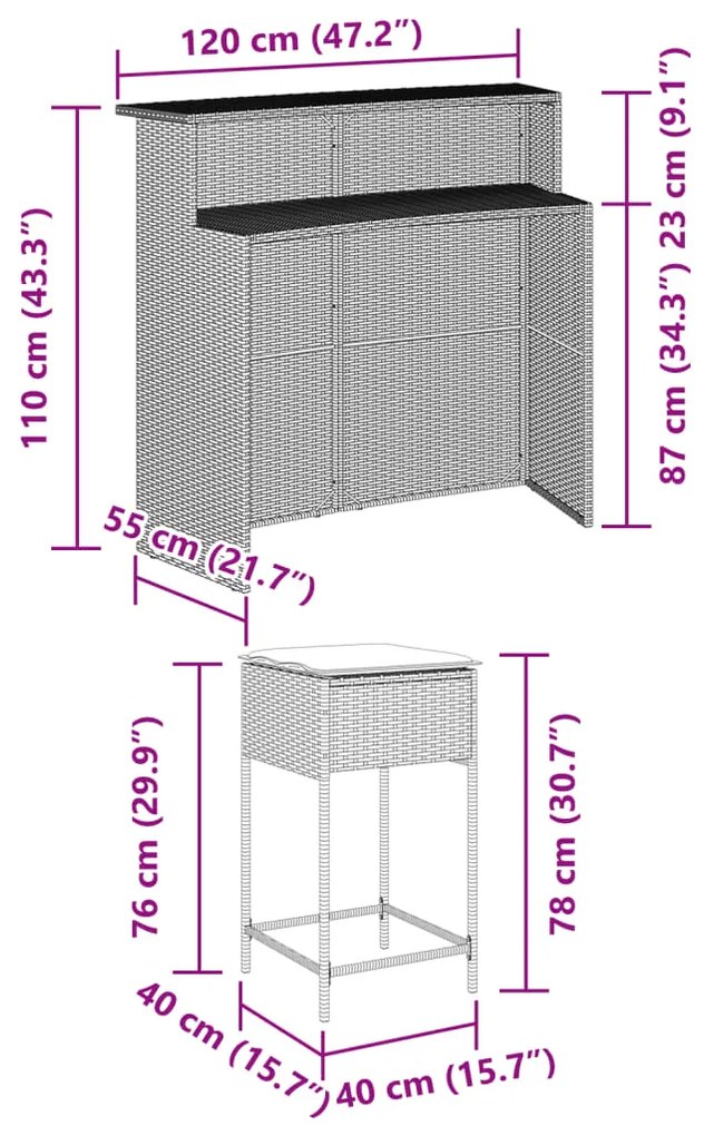 3 pcs conjunto de bar p/ jardim c/ almofadões vime PE cinzento