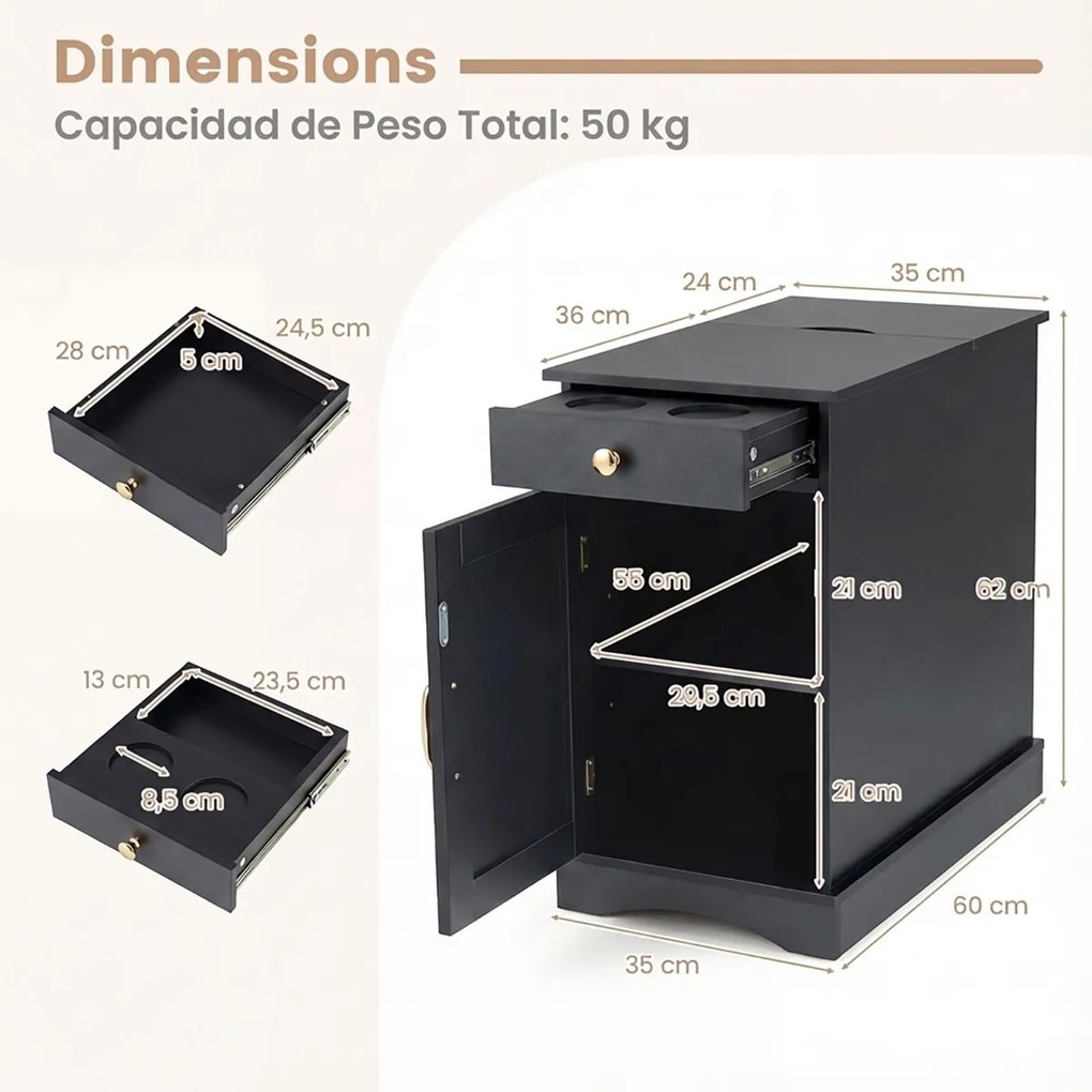 Conjunto de 2 mesas de cabeceira, mesa apoio 35 x 60 x 62 cm com estação de carregamento com gaveta Pretas