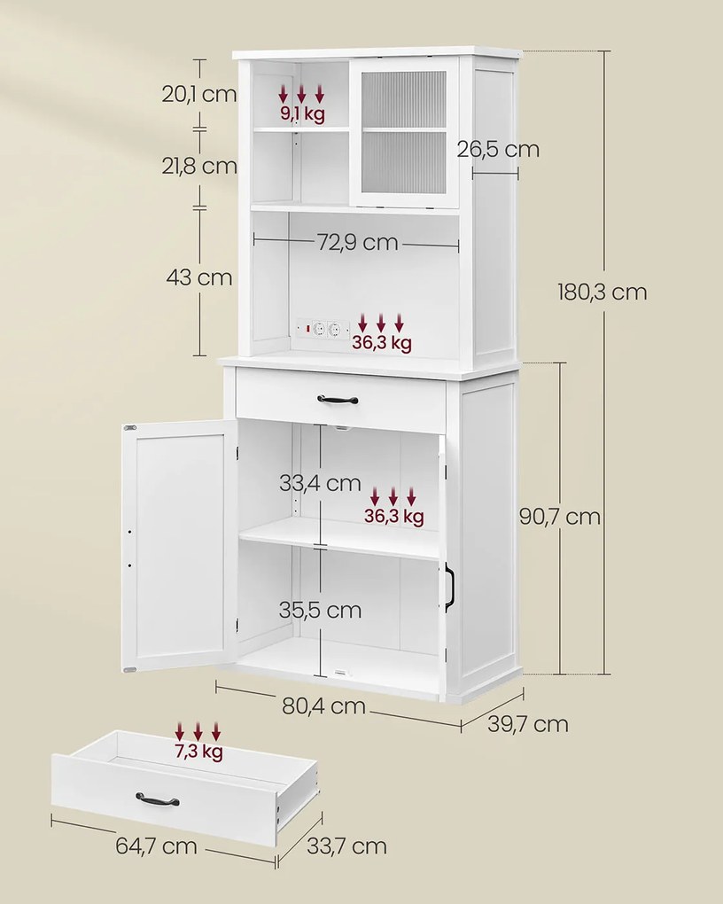 Armário arrumação cozinha com iluminação e com 2 tomadas 39,7 x 80,4 x 180,3 cm branco nuvem