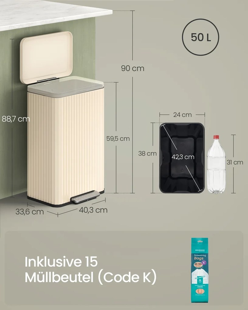Caixote do lixo 50L com pedal e fecho suave 40,3 x 33,6 x 62,5 cm Creme