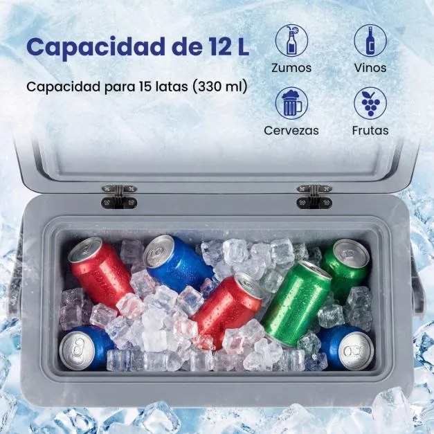 Geleira rígida portátil de 12 litros, moldada por injeção, com pega antiderrapante e à prova de fugas; mantém o gelo durante 3 dias, ideal para campis