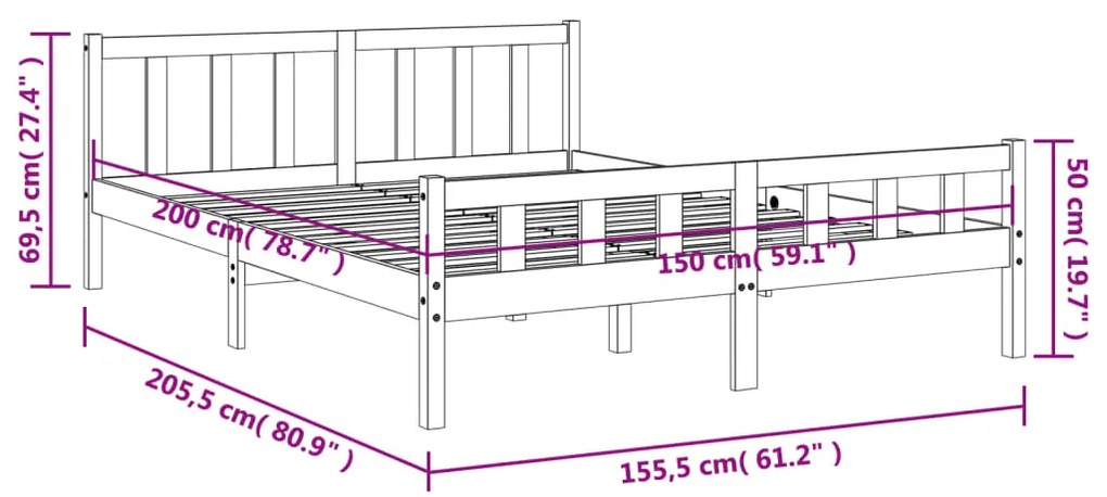 Estrutura cama c/ cabeceira 150x200cm pinho maciço castanho-mel