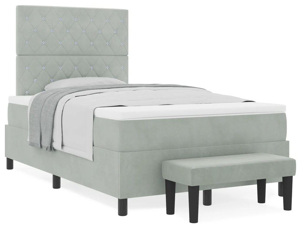 Cama Box Spring com Colchão e Banco Cinza Claro 120x200 cm Veludo