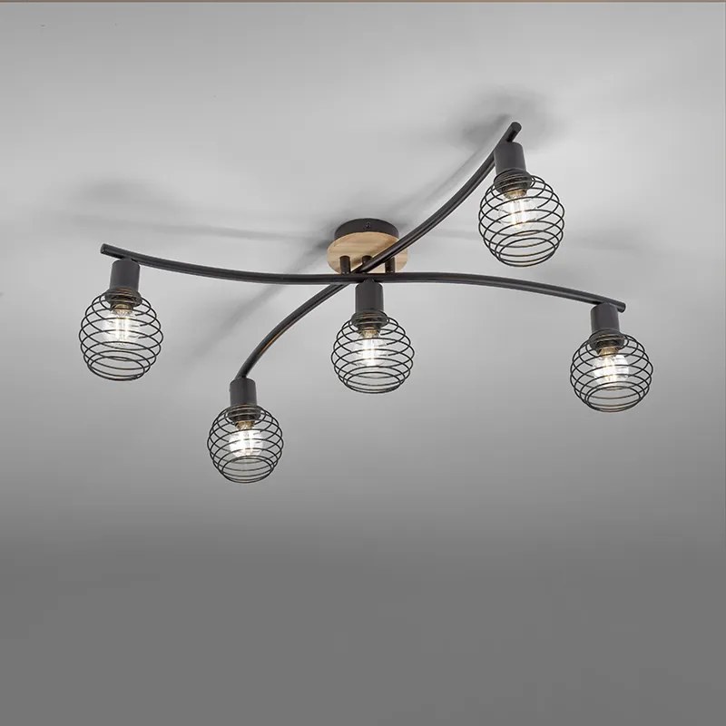 Candeeiro de teto design preto com madeira 5 luzes - Winsten Industrial