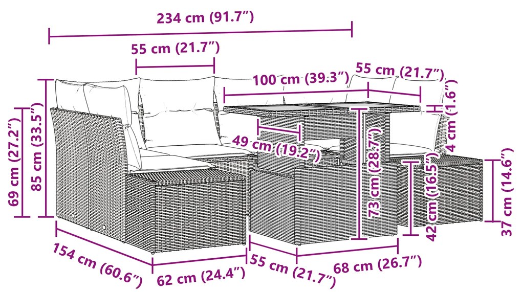 Conjunto de Jantar de Jardim de 7 Peças com Almofadas Bege em Rattan S