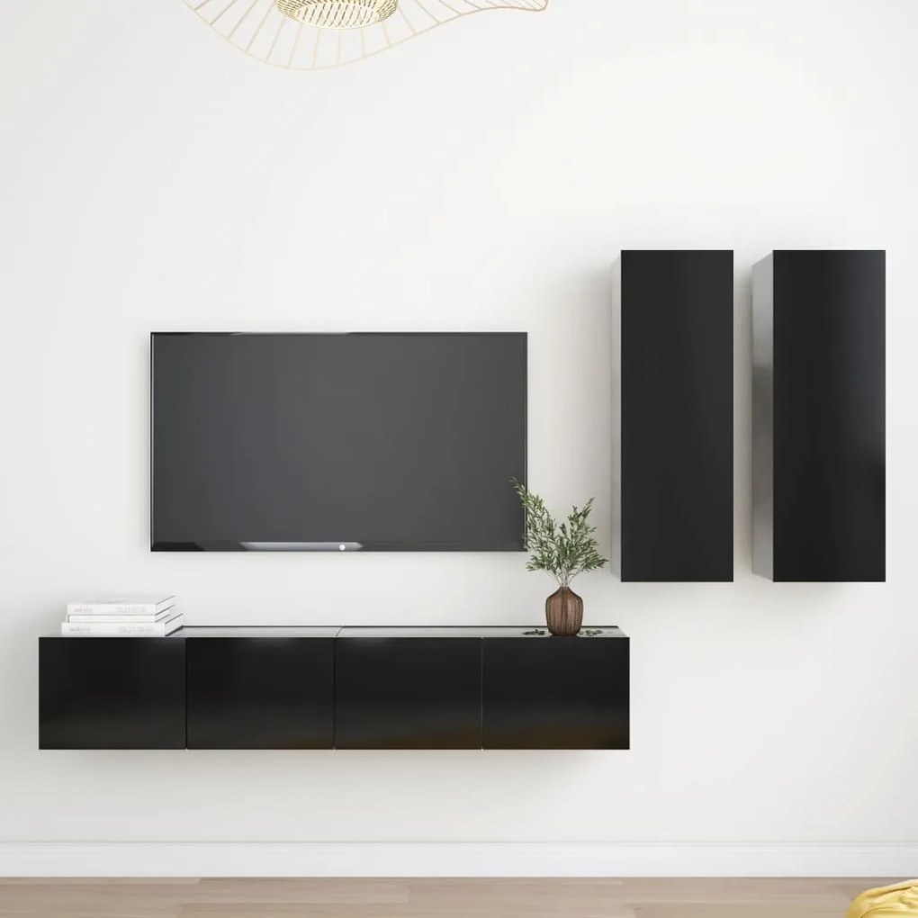 4 pcs conjunto de móveis de TV contraplacado preto