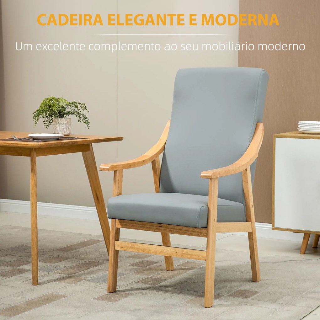 HOMCOM Poltrona de Estilo Nórdico com Encosto Alto Cadeira Sala de Jantar Estofada em PU com Apoio para os Braços e Estrutura de Madeira de Borracha para Escritório Sala de Estar Carga 150kg 62x75x115cm Cinza e Madeira