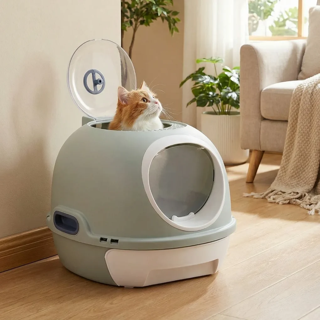 Caixa de areia fechada para gatos com entrada frontal e superior ...