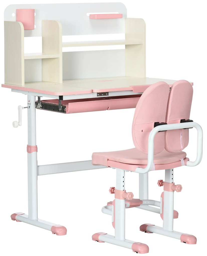 HOMCOM Conjunto de Secretária e Cadeira para Crianças com Altura Ajustável Gaveta Prateleiras e Bancada Inclinável 80x52x88-109 cm Rosa e Branco