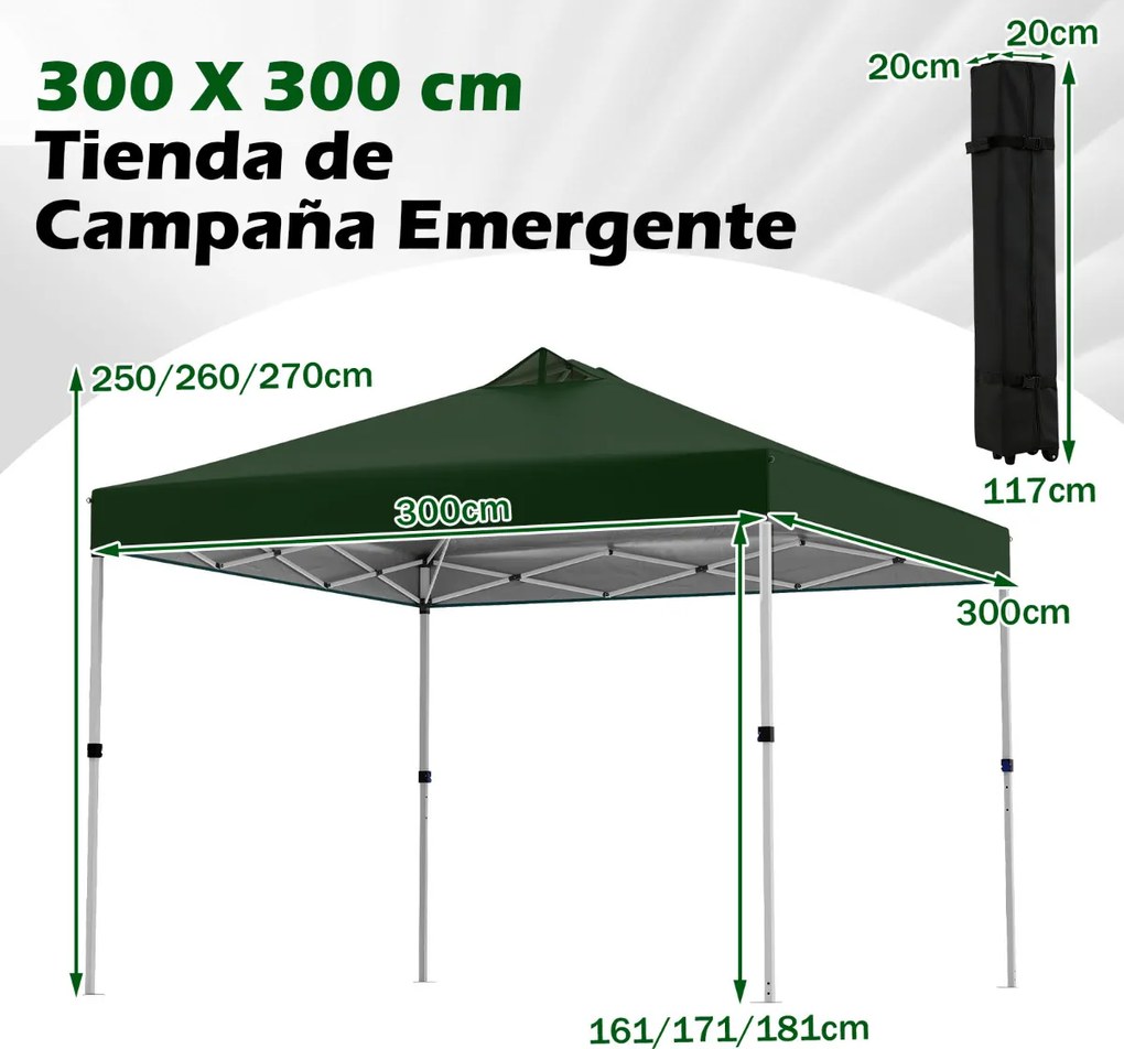 Tenda dobrável 3x3 m com 4 x Sacos de areia de montagem instantânea com 1 botão campismo, feiras, eventos e Saco com rodas Verde