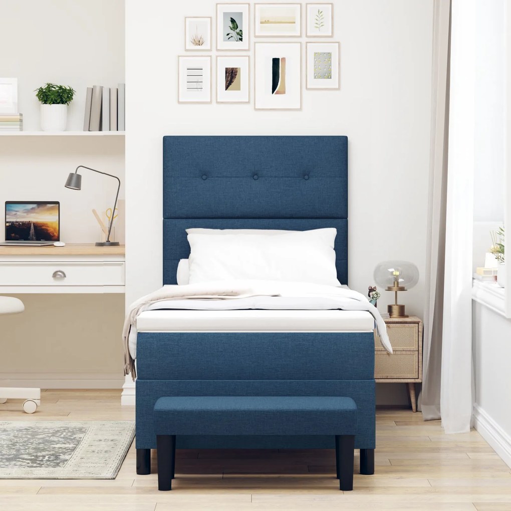 Cama Box Spring com Colchão e Banco Azul 90x200 cm Tecido