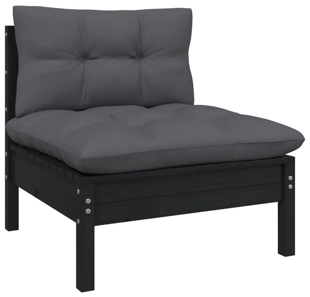 3 pcs conjunto lounge jardim c/ almofadões pinho maciço preto