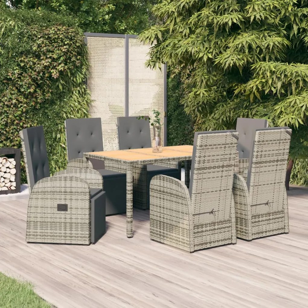 vidaXL 7 pcs conjunto de jantar p/ jardim c/ almofadões vime PE cinza