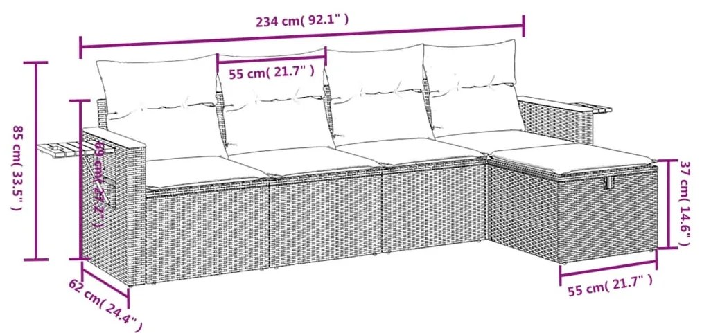 5 pcs conjunto sofás de jardim com almofadões vime PE preto