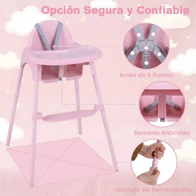 Cadeira refeição alta conversível 4 em 1 para bebés 2 alturas comTabuleiro duplo removível Arnês de 5 pontos Apoio para os pés Fácil de limpar 6-36 me