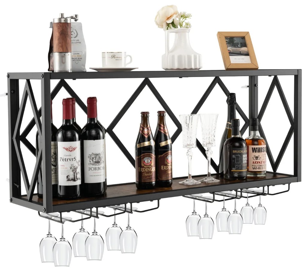 Garrafeira de parede para 39 garrafas de vinho Estante para vinhos com suporte para garrafas e 12 copos para cozinha Sala de jantar 100 x 25 x 45 cm C