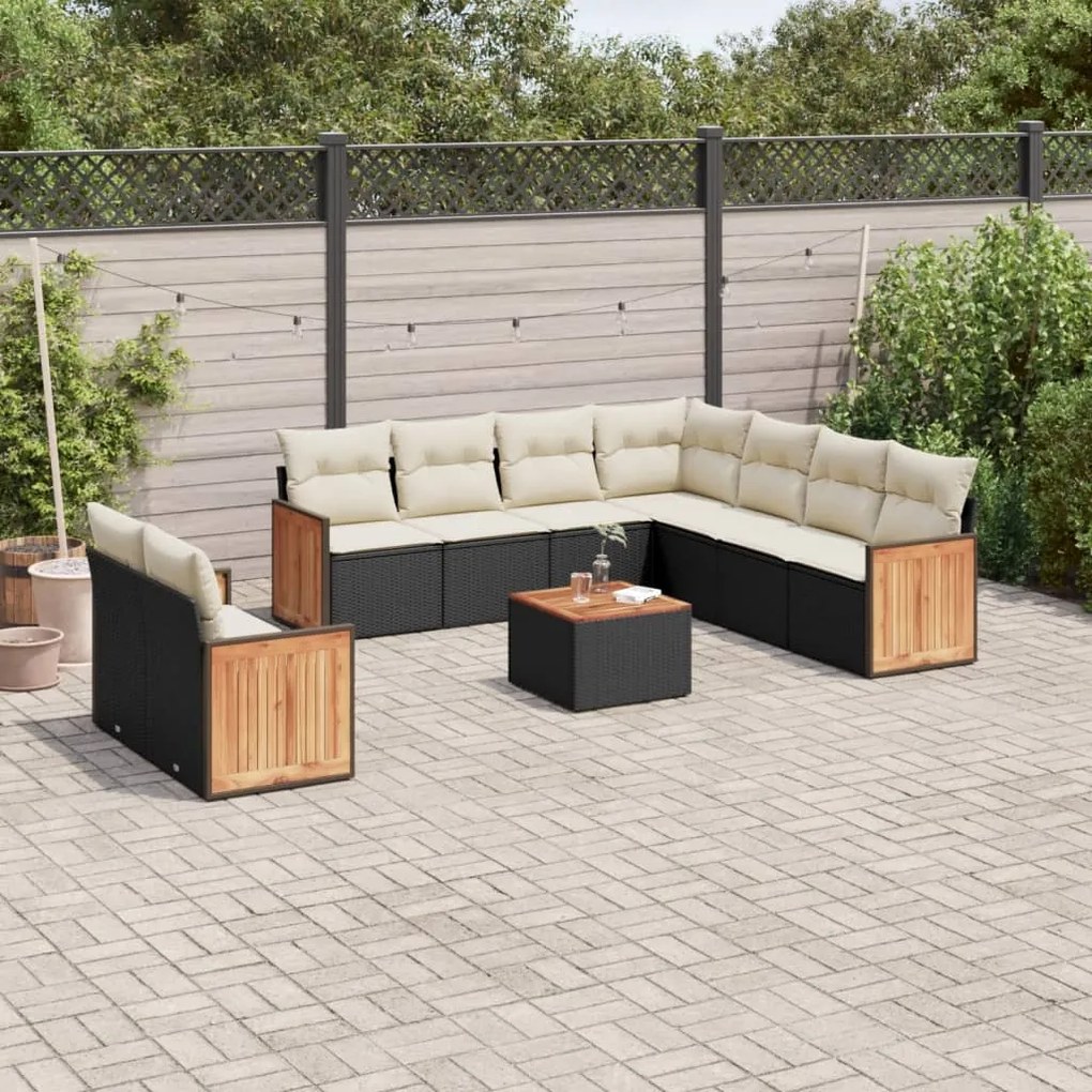 10 pcs conjunto sofás de jardim c/ almofadões vime PE preto