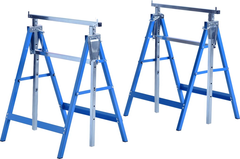 HOMCOM Conjunto de 2 Cavaletes Telescópicos Dobráveis com Altura Ajustável Cavaletes de Serra de Aço 68x58x80-130cm Azul e Prata | Aosom Portugal
