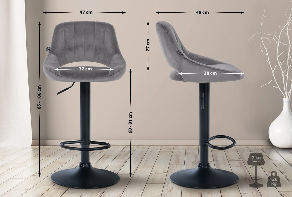 Banco alto Milet em veludo com estrutura preta 85-106 x 47 x 48 cm Cinzento
