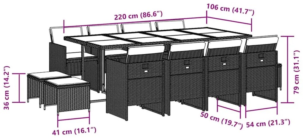 13 pcs conjunto jantar p/ jardim c/ almofadões vime PE cinzento