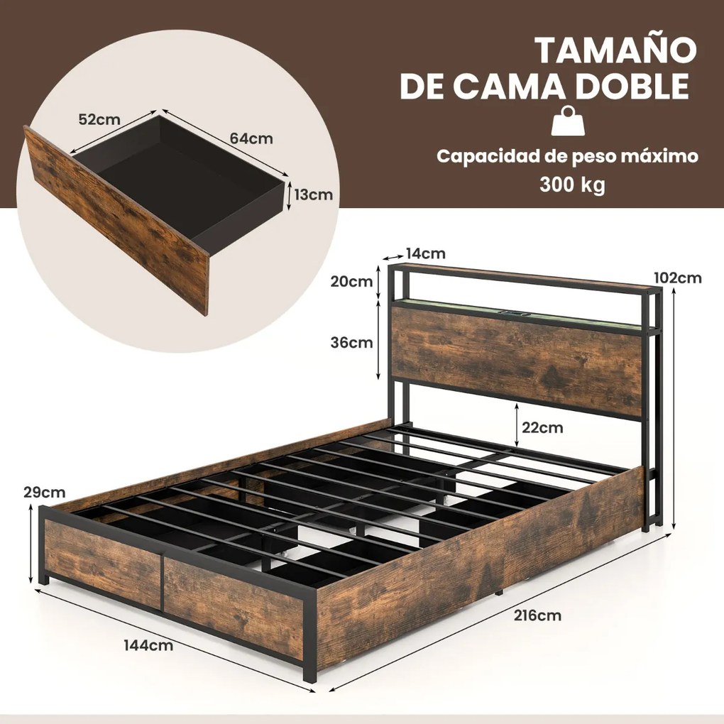 Estrutura de cama de casal 140 x 200 cm em metal (COLCHÃO NÃO INCLUIDO) Cabeceira com luz LED RGB 4 Ligação USB  gavetas de arrumação Castanha