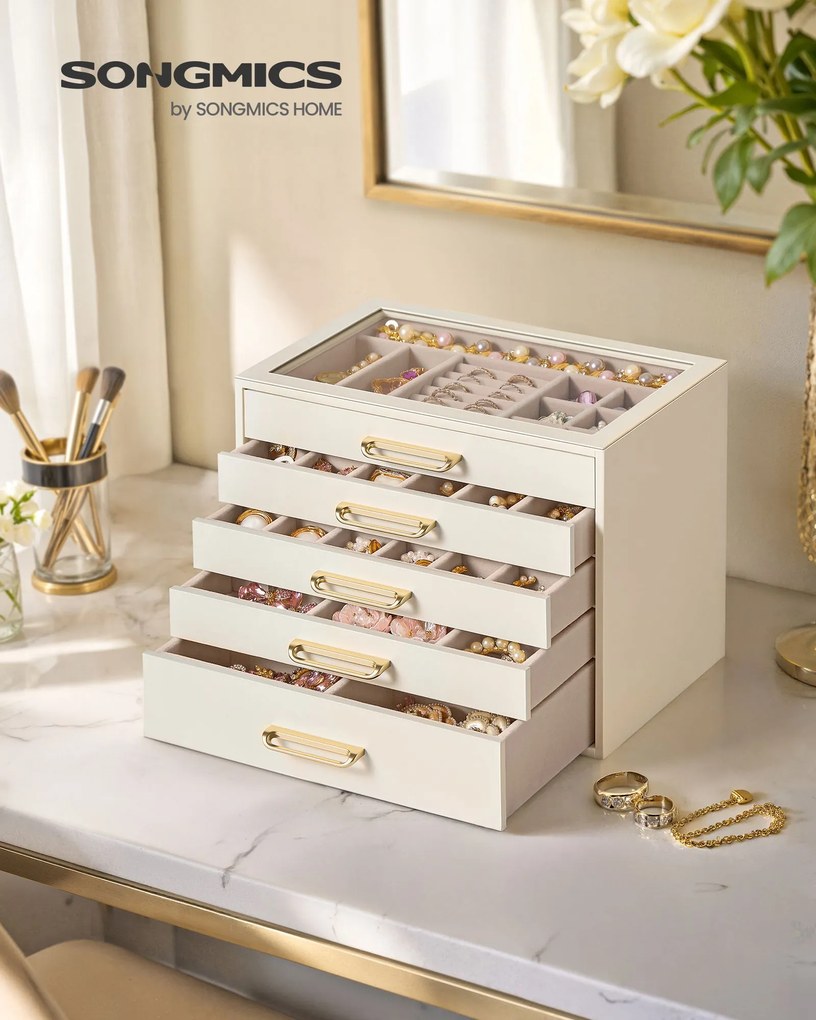 Caixa para joias em MDF 24 x 17,2 x 18,4 cm com tampa de vidro e cinco compartimentos, Branco creme