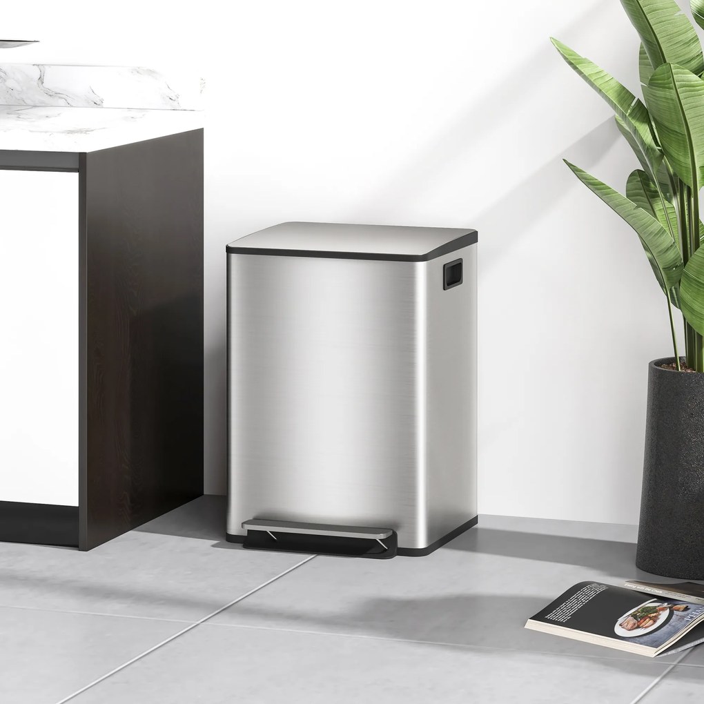 Caixote do lixo de cozinha com 2 compartimentos de 2 x 20 L, com pedal, em aço inoxidável, tampa com fecho suave