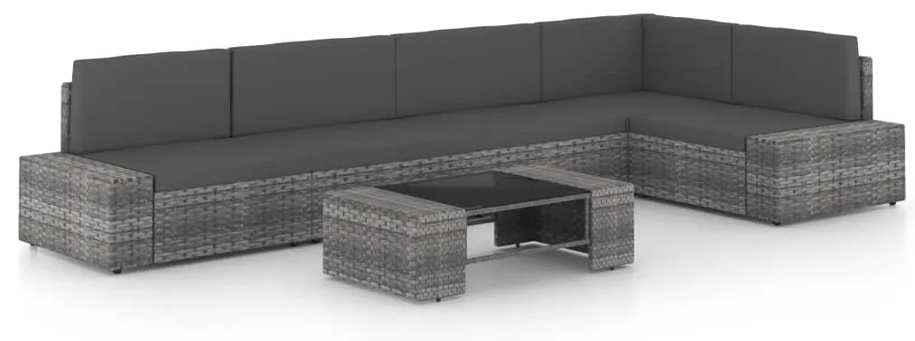 6 pcs conjunto lounge de jardim c/ almofadões vime PE cinzento