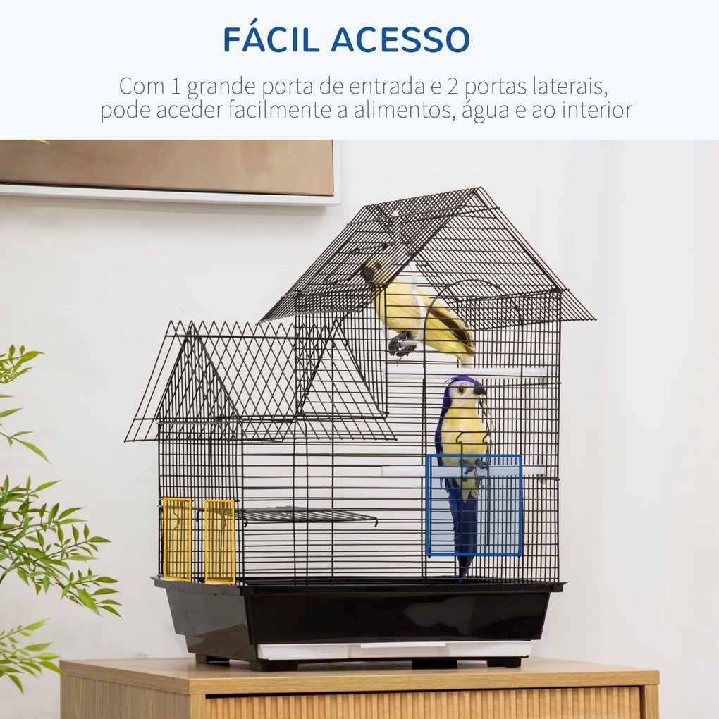 Gaiola para Pássaros 39x33x47cm Gaiola para Pássaros de Metal com 3 Portas 2 Comedouros 2 Poleiros Baloiço Bandeja Amovível e Alça de Transporte para