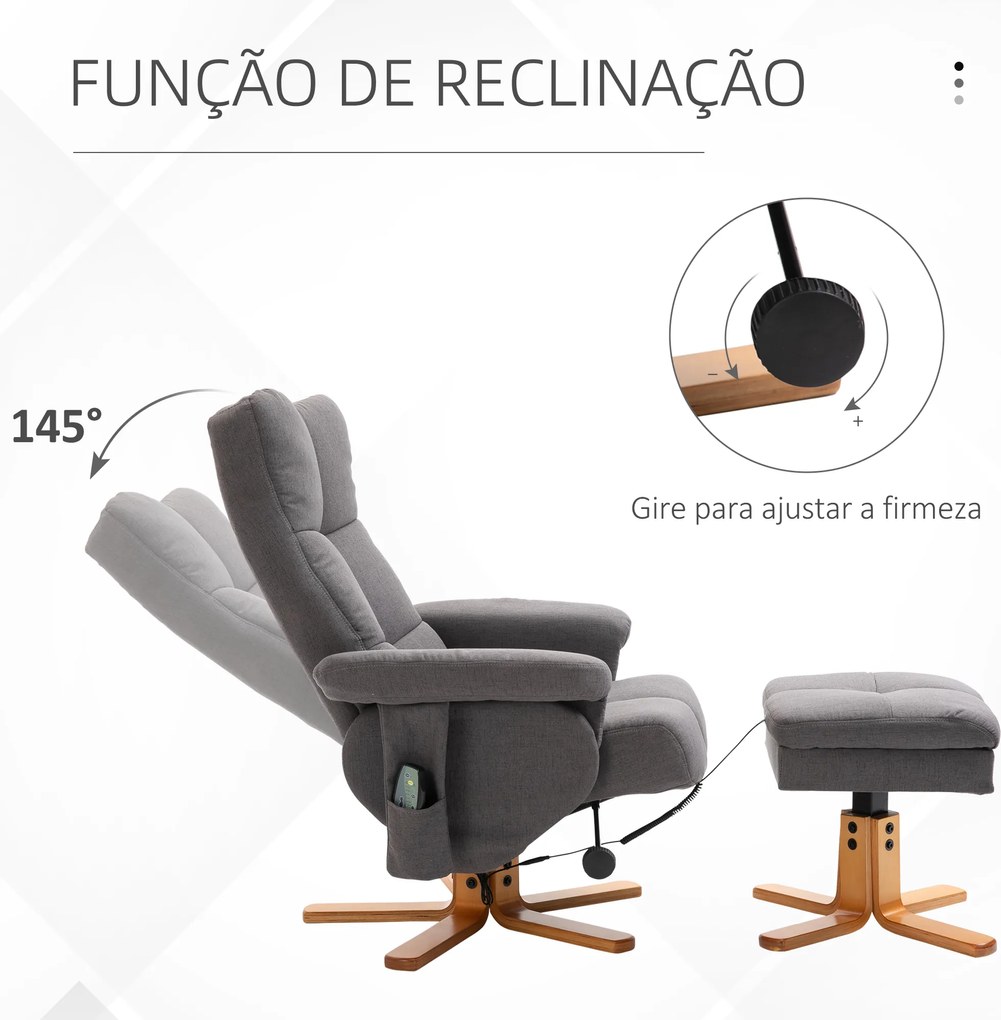 Poltrona Relax Reclinável com Apoio para os Pés 10 Pontos de Massagem Giratória Comando Remoto Bolso Lateral Cinzento Escuro