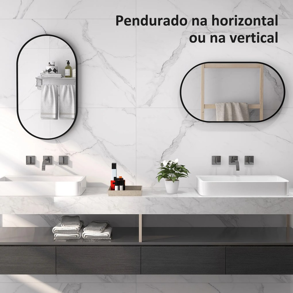 Espelho Casa de Banho Oval 40x3x70 cm Espelho Decorativo de Parede com Estrutura de Liga de Alumínio Horizontal ou Vertical Preto