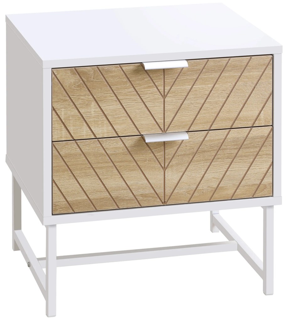 HOMCOM Mesa Cabeceira 2 Gavetas Mesa Auxiliar Pés Aço Sala Estar Dormitório Moderna 45x39x48cm Carvalho Branco | Aosom Portugal