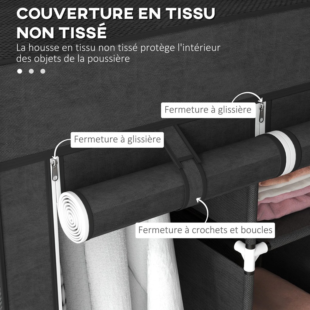 Guarda roupa com várias opções de arrumação 125 L x 43 P x 162,5 A cm - 8 prateleiras, 2 varões - tecido não tecido preto