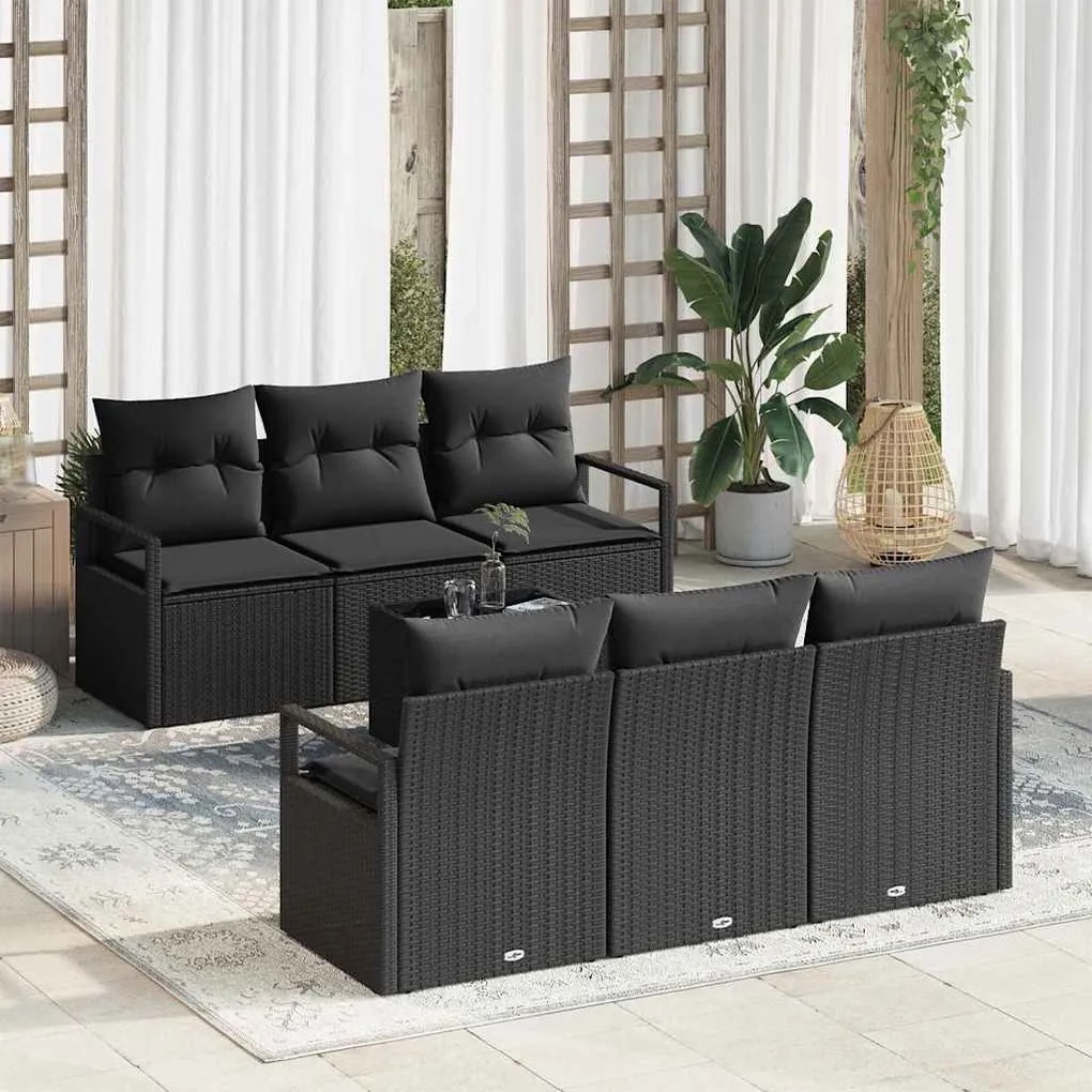 Conjunto de sofá de jardim de 7 peças com almofadas em rattan preto